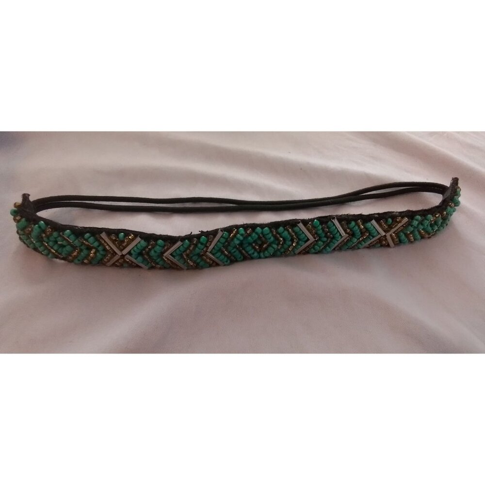 Beaded Turquoise & Gold Headband With Geometric Pattern